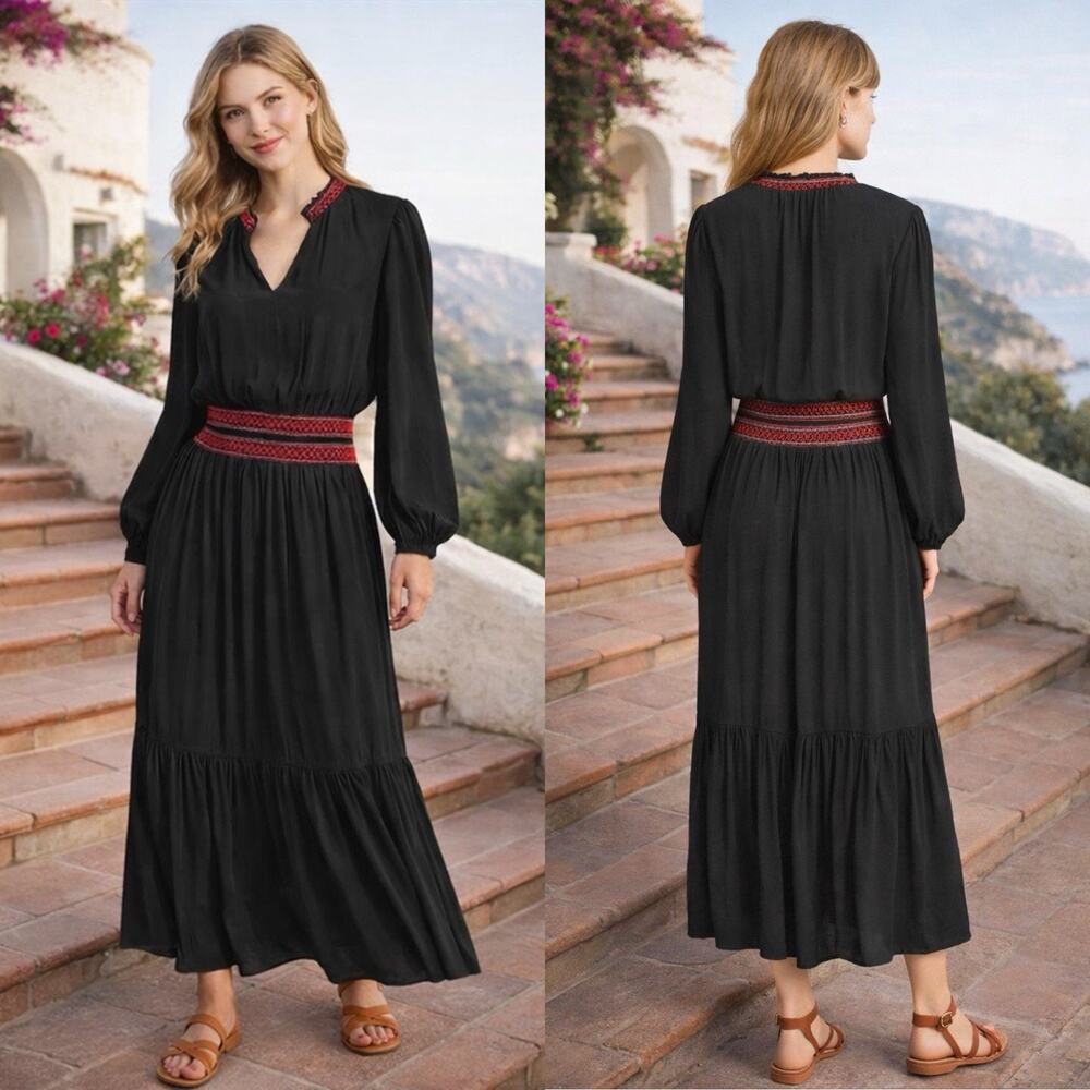 Gap Black Smocked Waist Maxi Dress XLT Long Sleeve V Neck Boho Modest Minimalist